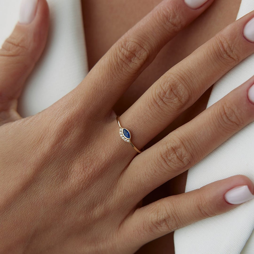 14k Gold Blue Topaz Eyelash Eye Ring