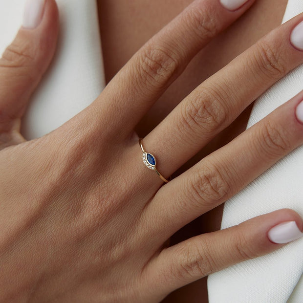 14k Gold Blue Topaz Eyelash Eye Ring