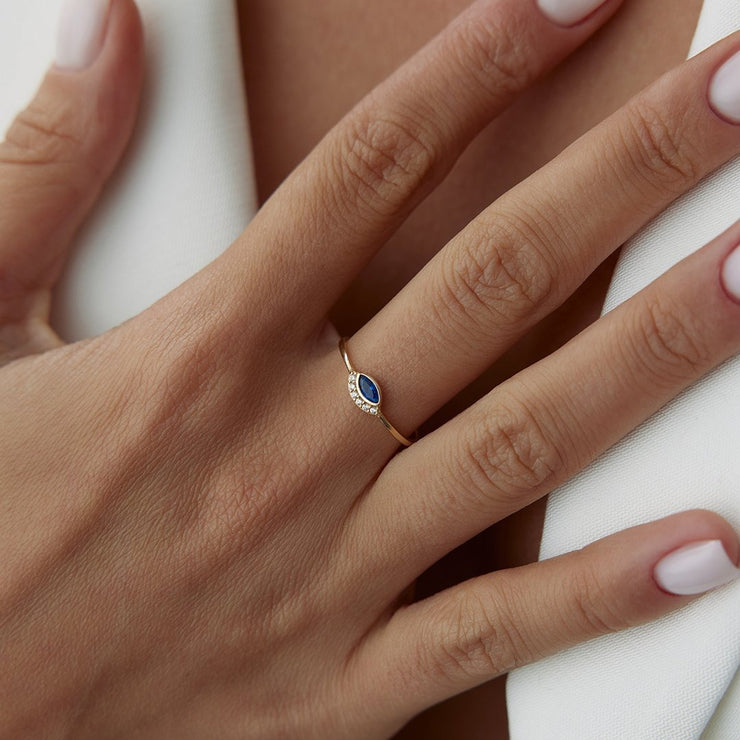 14k Gold Blue Topaz Eyelash Eye Ring