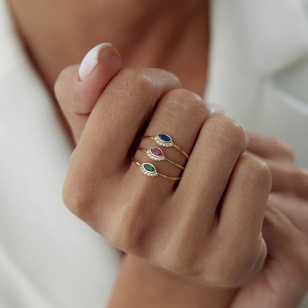 14k Gold Blue Topaz Eyelash Eye Ring