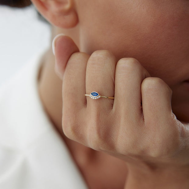 14k Gold Blue Topaz Eyelash Eye Ring