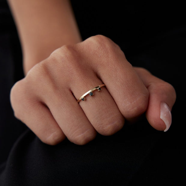 14k Gold Trio Black Stone Ring