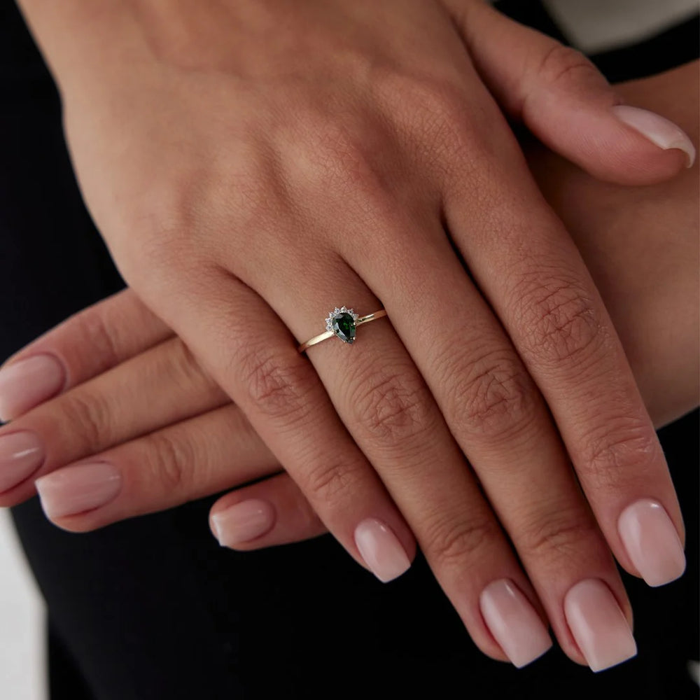 14k Gold Lab Light Green Teardrop Ring