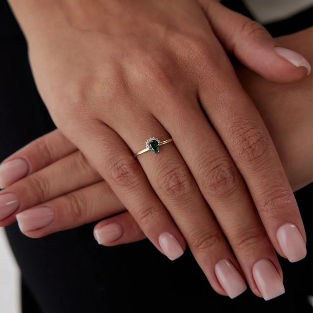 14k Gold Lab Light Green Teardrop Ring