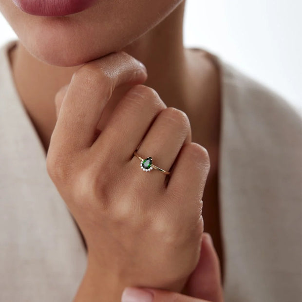14k Gold Lab Light Green Teardrop Ring