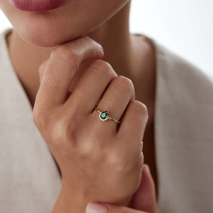 14k Gold Lab Light Green Teardrop Ring