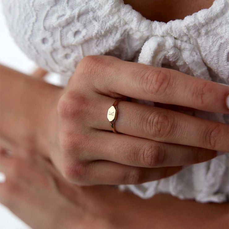 Hexagonal Initial Ring - Solid 14k Gold Ring