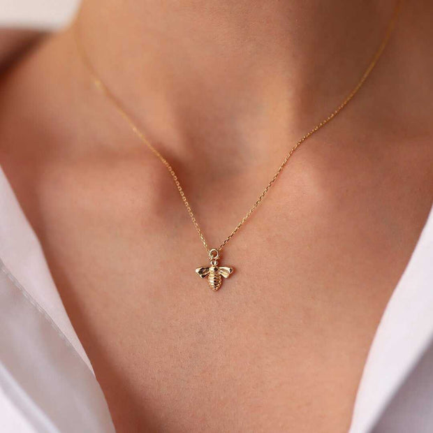 14k Gold Gold Bee Necklace - Solid 14k Gold Necklace