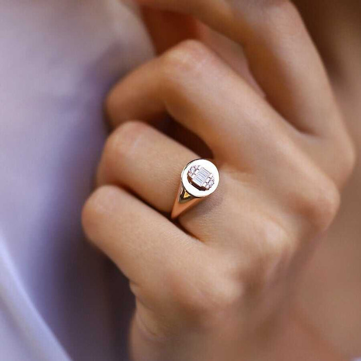 Pavé Baguette Signet Ring - Solid 14k Gold Ring