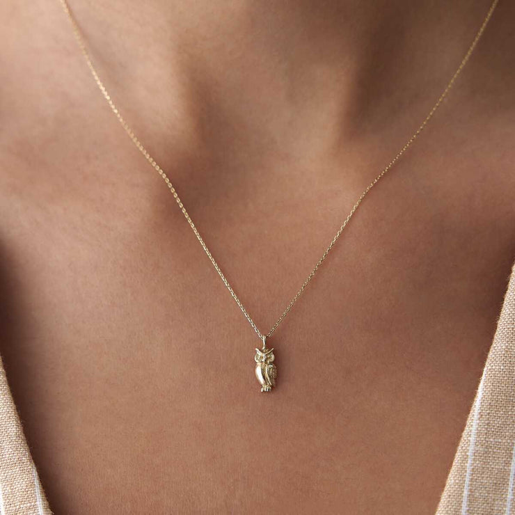 14k Gold 14k Solid Gold Owl Pendant Necklace - Solid 14k Gold Necklace