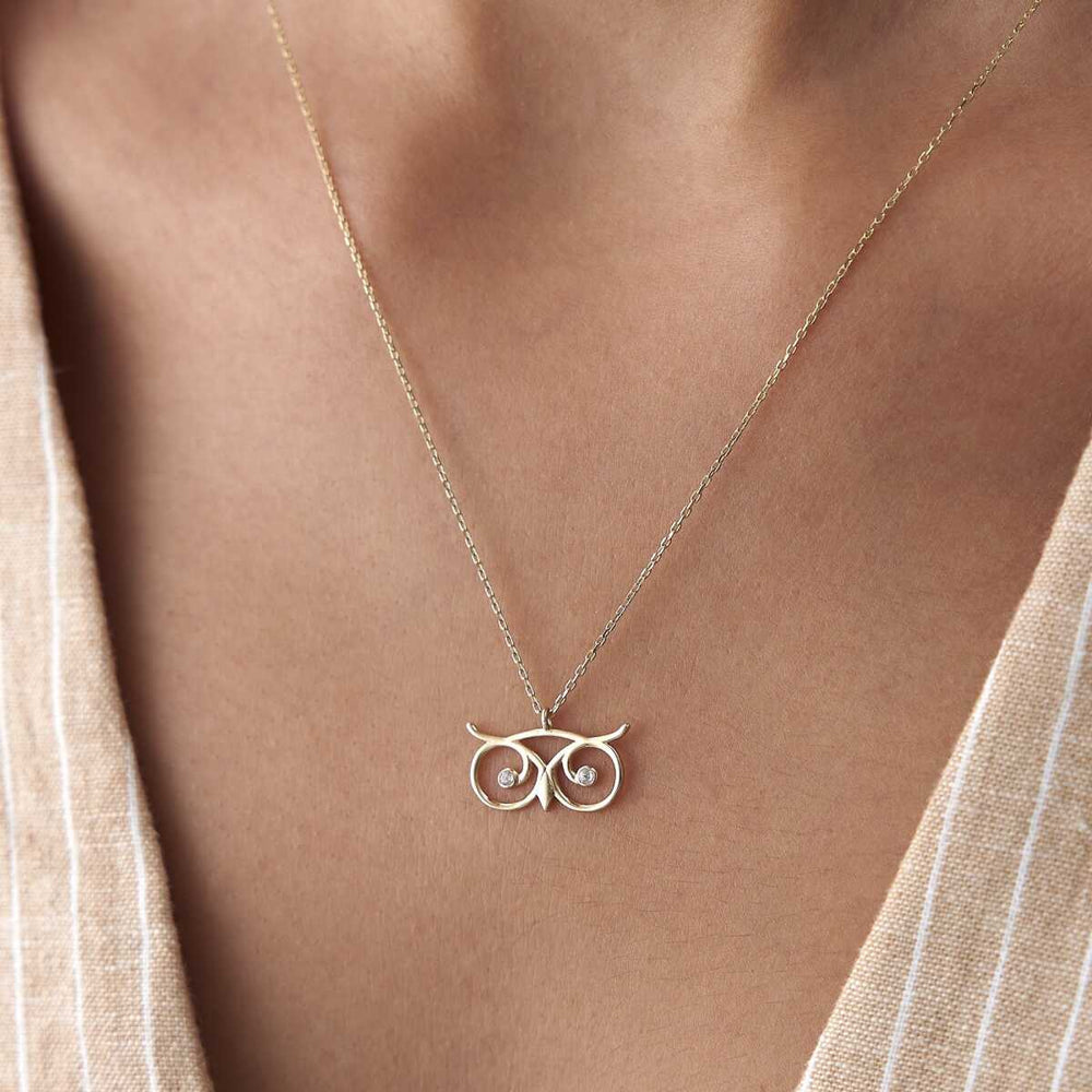 14k Gold Owl Head Necklace - Solid 14k Gold Necklace