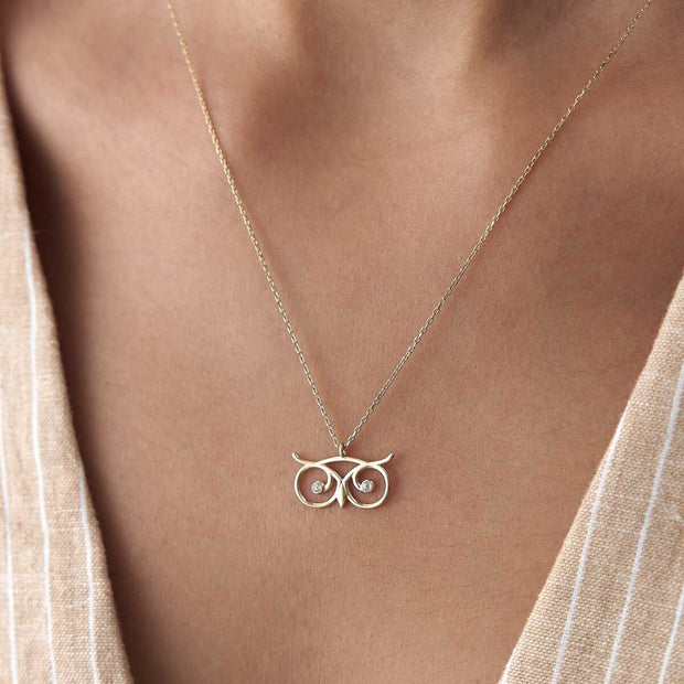 14k Gold Owl Head Necklace - Solid 14k Gold Necklace