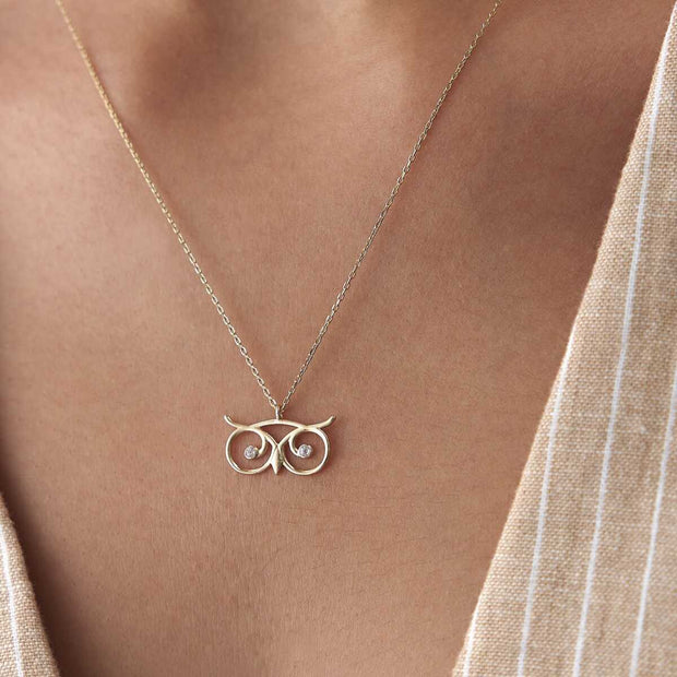 14k Gold Owl Head Necklace - Solid 14k Gold Necklace