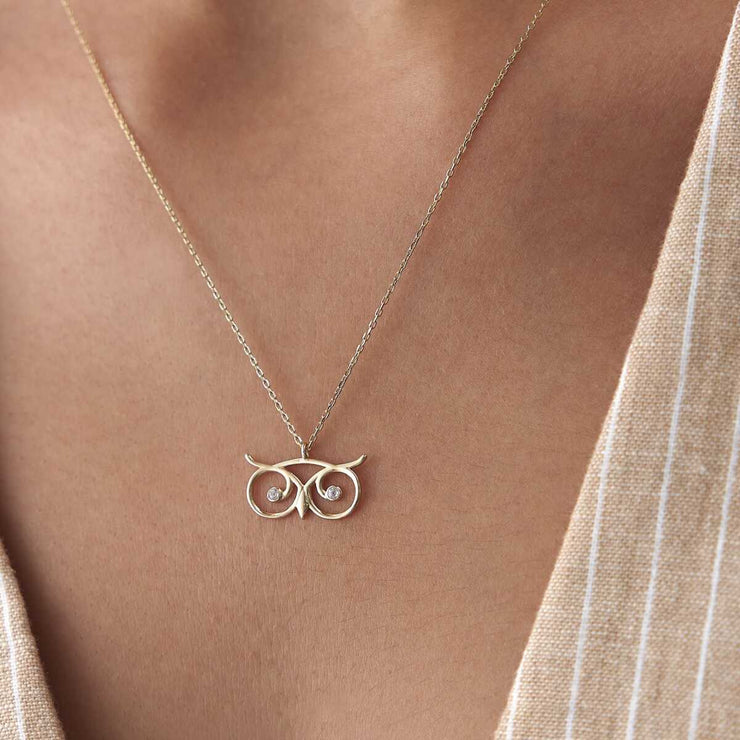 14k Gold Owl Head Necklace - Solid 14k Gold Necklace