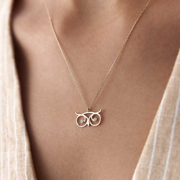 14k Gold Owl Head Necklace - Solid 14k Gold Necklace