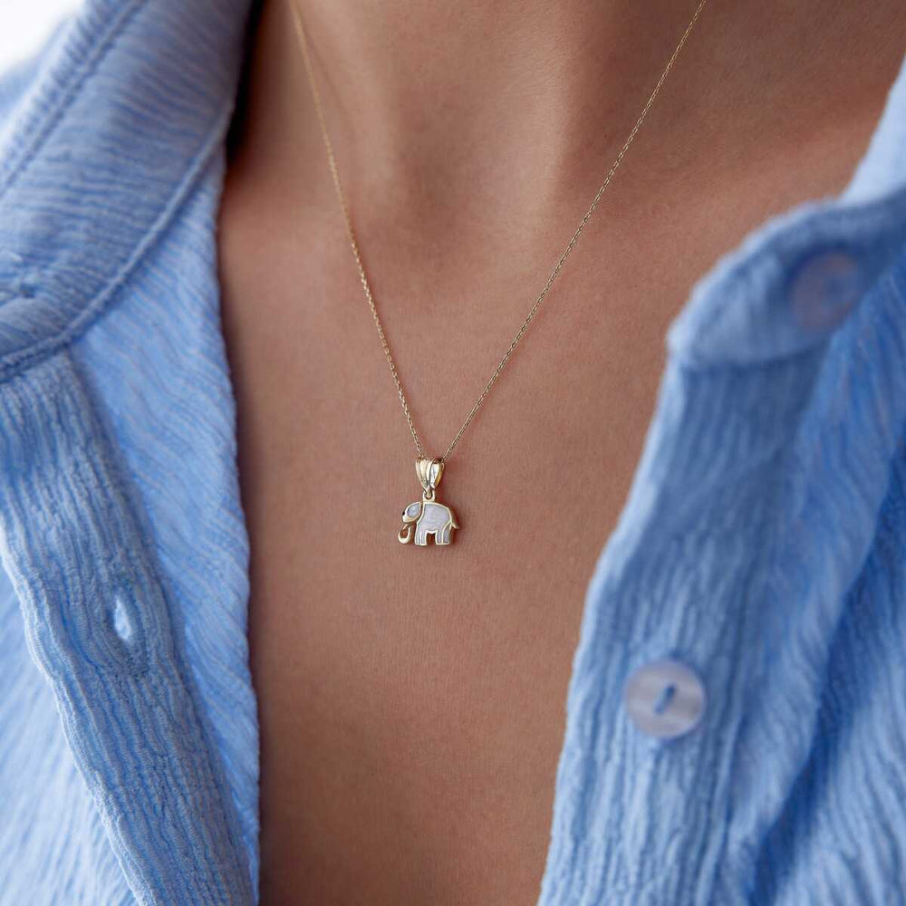14k Gold White Enamel Elephant Necklace - Solid 14k Gold Necklace