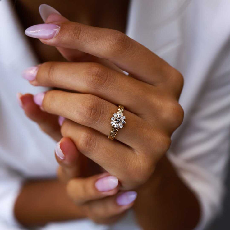 Flower  Baguette  Ring - Solid 14k Gold Ring