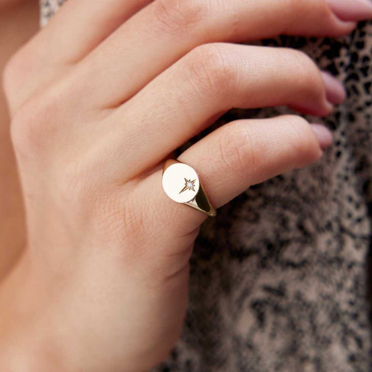 Round North Star Ring - Solid 14k Gold Ring