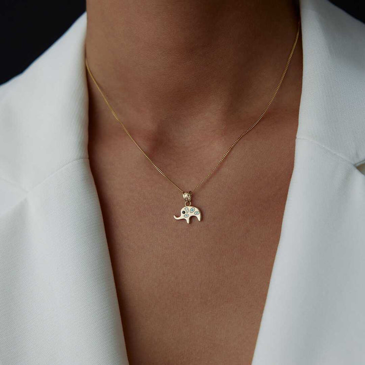 14k Gold Elephant Necklace with Evil Eye - Solid 14k Gold Necklace