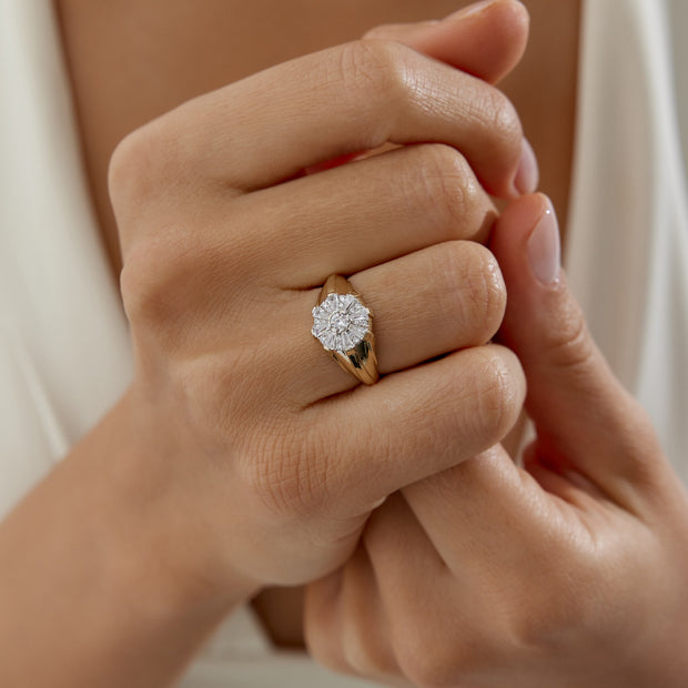 Flower Baguette Ring - Solid 14k Gold Ring