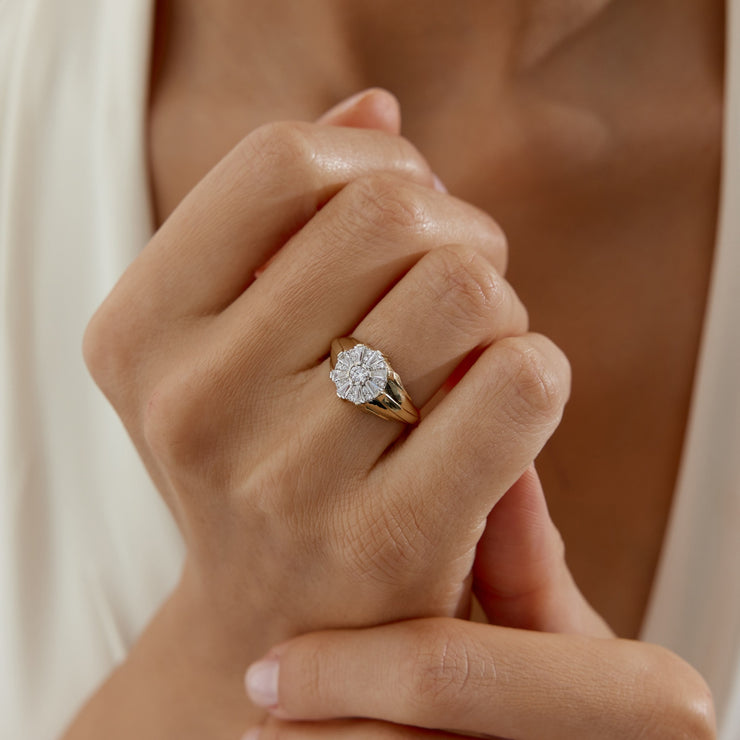 Flower Baguette Ring - Solid 14k Gold Ring