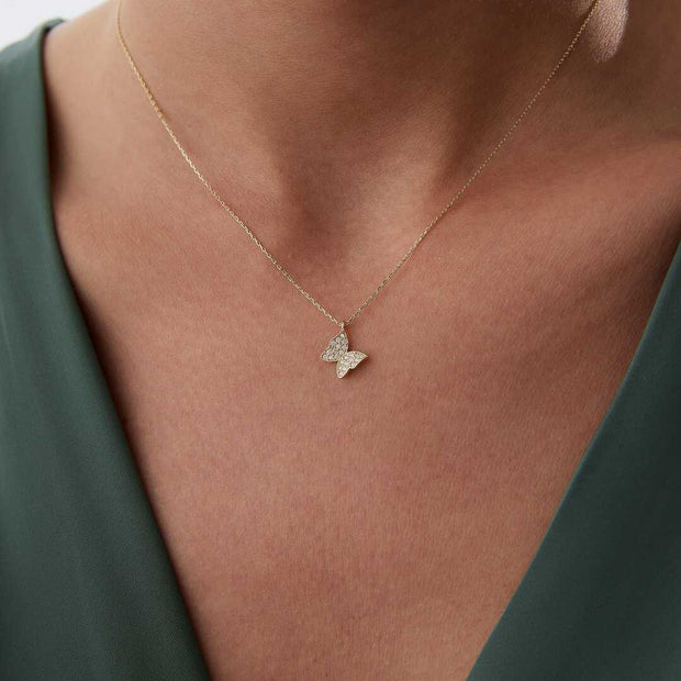 14k Gold Gold Butterfly Necklace with Pave CZ - Solid 14k Gold Necklace