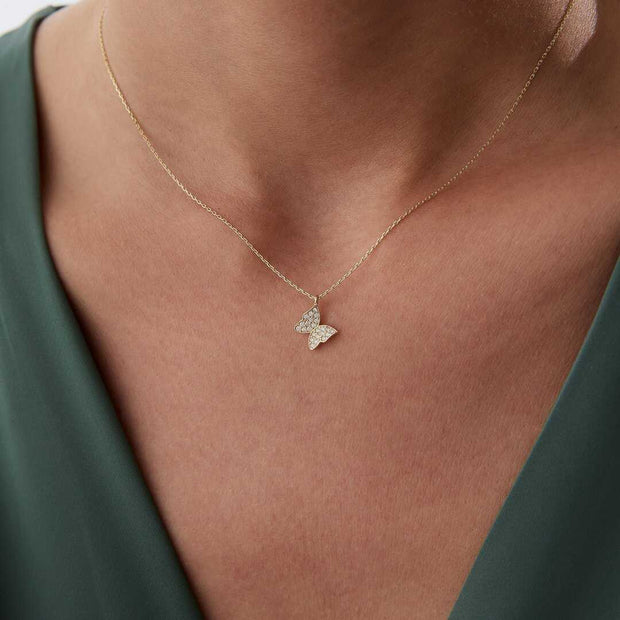 14k Gold Gold Butterfly Necklace with Pave CZ - Solid 14k Gold Necklace