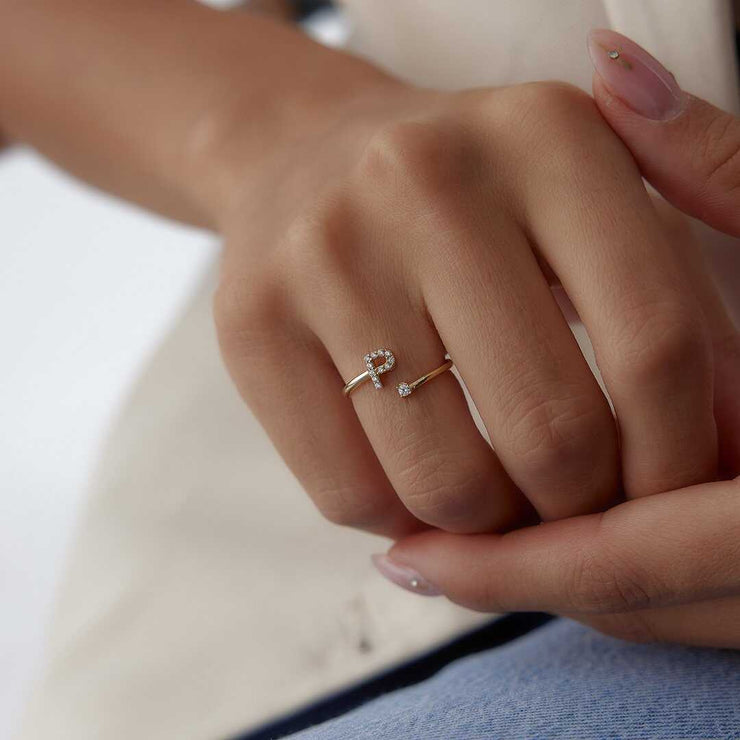 Letter Solitaire Ring - Solid 14k Gold Ring