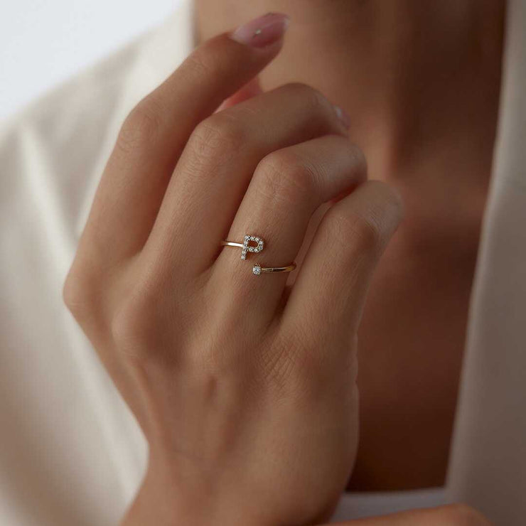 Letter Solitaire Ring - Solid 14k Gold Ring