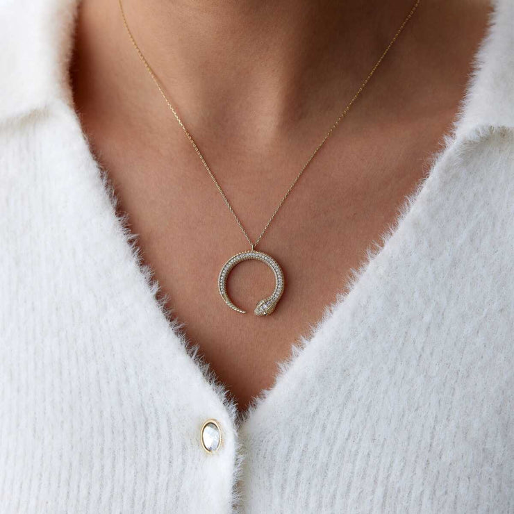 14k Gold Ouroboros Snake Necklace with CZ - Solid 14k Gold Necklace