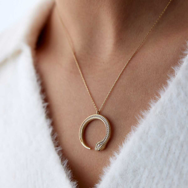 14k Gold Ouroboros Snake Necklace with CZ - Solid 14k Gold Necklace