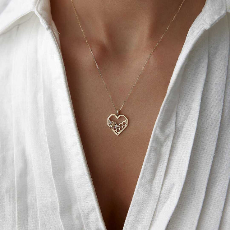 14k Gold Heart Honeycomb Bee Necklace - Solid 14k Gold Necklace