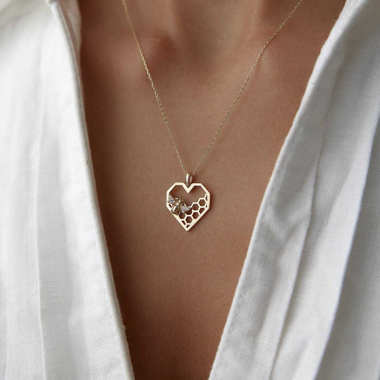 14k Gold Heart Honeycomb Bee Necklace - Solid 14k Gold Necklace