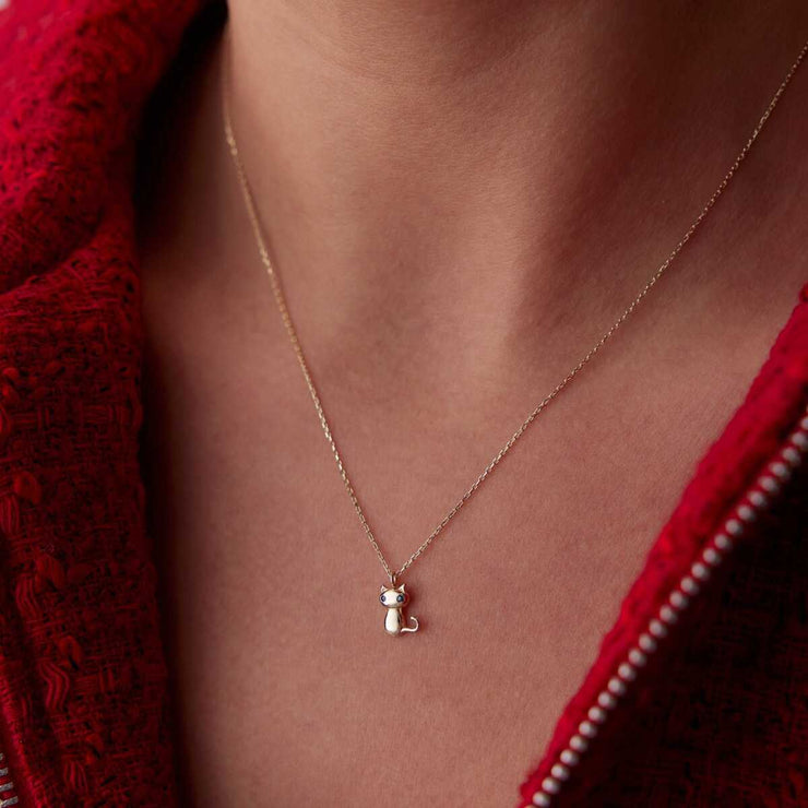 14k Gold Cat Necklace - Solid 14k Gold Necklace