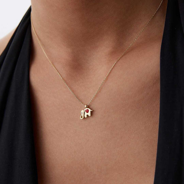 14k Gold Red Heart Enamel Elephant Necklace - Solid 14k Gold Necklace