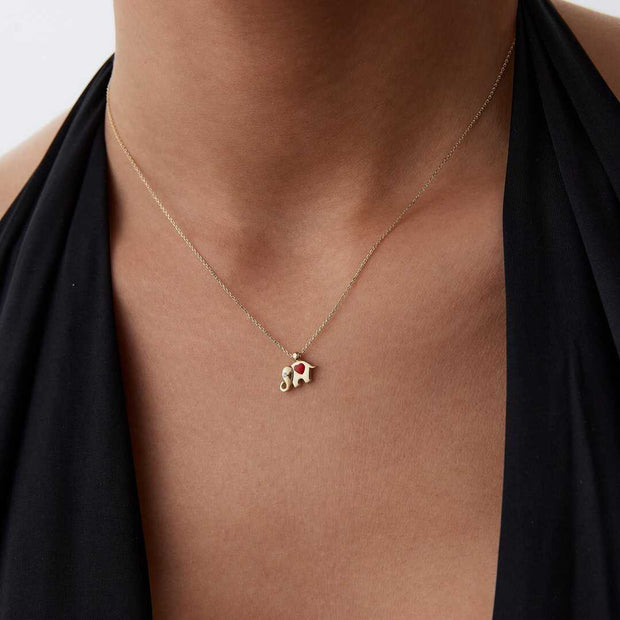 14k Gold Red Heart Enamel Elephant Necklace - Solid 14k Gold Necklace