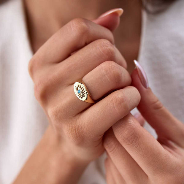 Evil Eye Turquoise Göz Signet Ring - Solid 14k Gold Ring