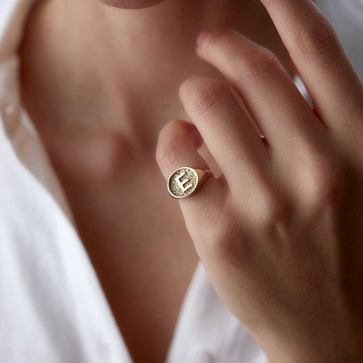 Sand Plate Letter Ring - Solid 14k Gold Ring