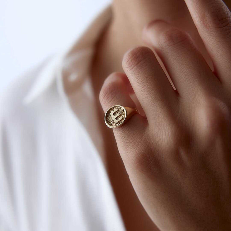 Sand Plate Letter Ring - Solid 14k Gold Ring