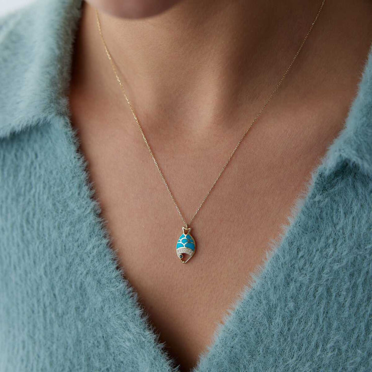 14k Gold Blue Enamel Fish Necklace - Solid 14k Gold Necklace