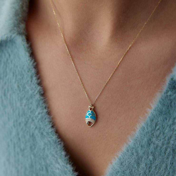14k Gold Blue Enamel Fish Necklace - Solid 14k Gold Necklace