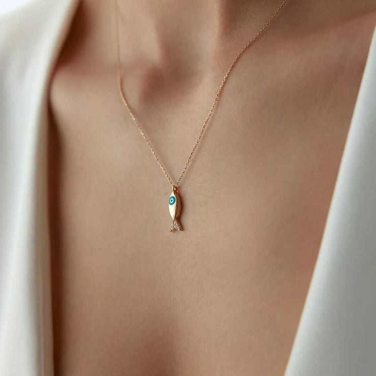14k Gold Small Enamel Fish Necklace - Solid 14k Gold Necklace