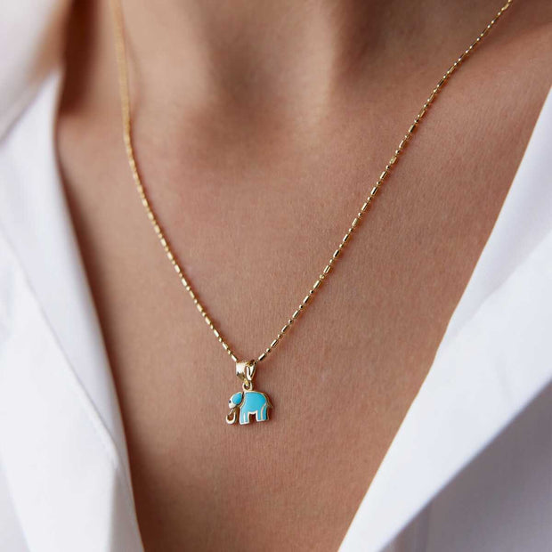 14k Gold Turquoise Elephant Necklace - Solid 14k Gold Necklace