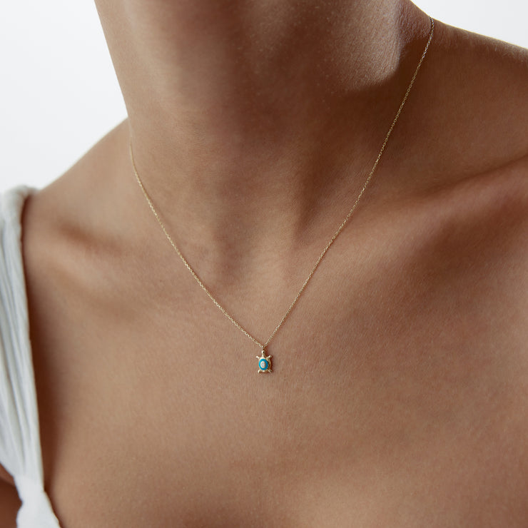 14k Gold Blue Enamel Turtle Necklace - Solid 14k Gold Necklace