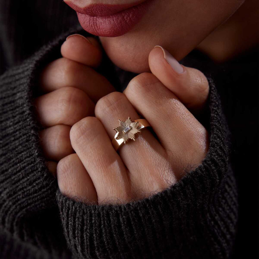 Minimalist Baguette Sun Ring - Solid 14k Gold Ring
