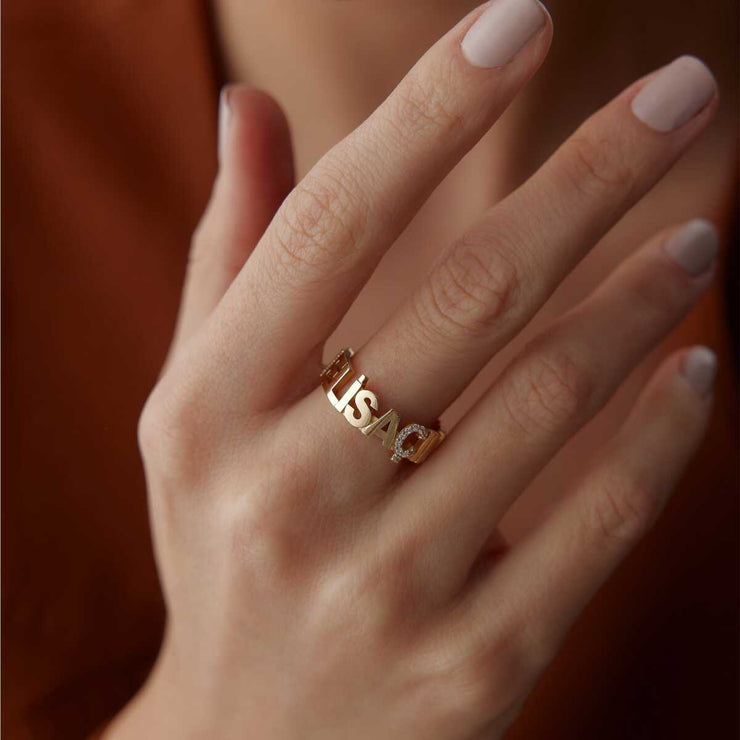 Fifteen Letter Personalized Name Ring - Solid 14k Gold Ring