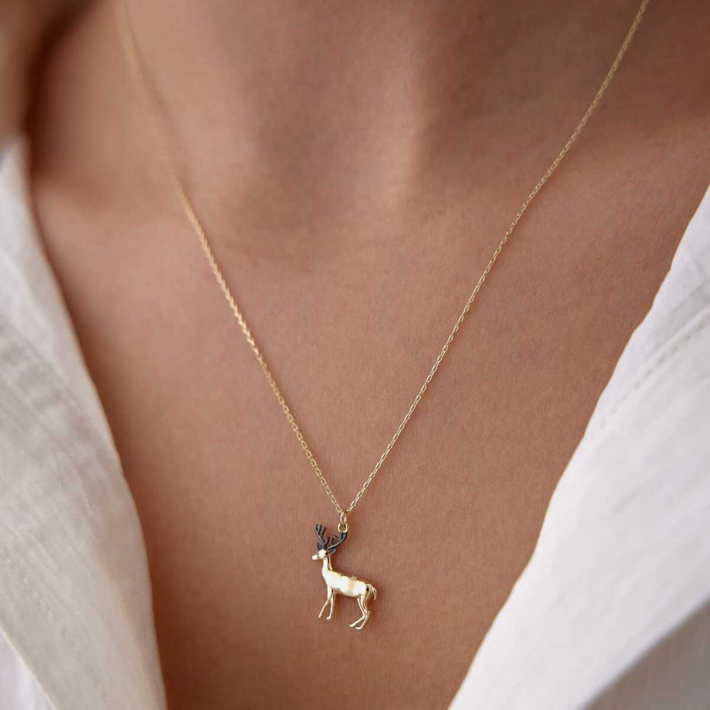 14k Gold Reindeer Necklace - Solid 14k Gold Necklace