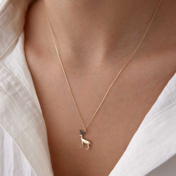 14k Gold Reindeer Necklace - Solid 14k Gold Necklace