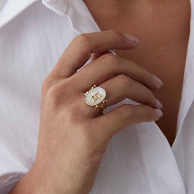 Pearl Vintage Letter Ring - Solid 14k Gold Ring