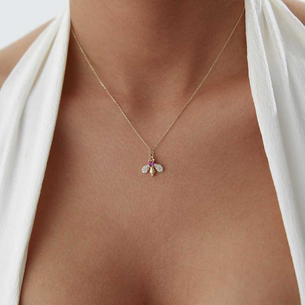 14k Gold Bee Necklace with Pave CZ - Solid 14k Gold Necklace